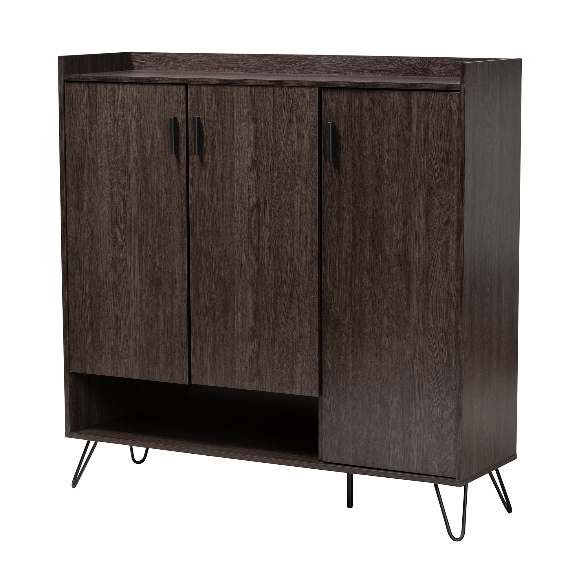 Baxton Studio Baldor Modern and Contemporary Dark Brown Finished Wood 3-Door Shoe Cabinet Affordable modern furniture in Chicago, classic living room furniture, modern storage, cheap storage